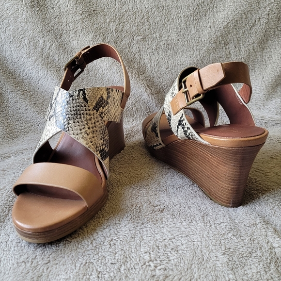 Cole Haan Shoes - Cole Haan tan and snakeskin strappy wedges size 9.5